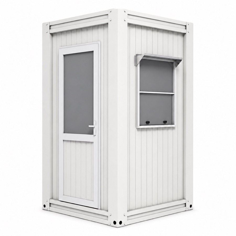 Caseta de guardia modular compacta 1,45 × 1,45 m para control de acceso y portería